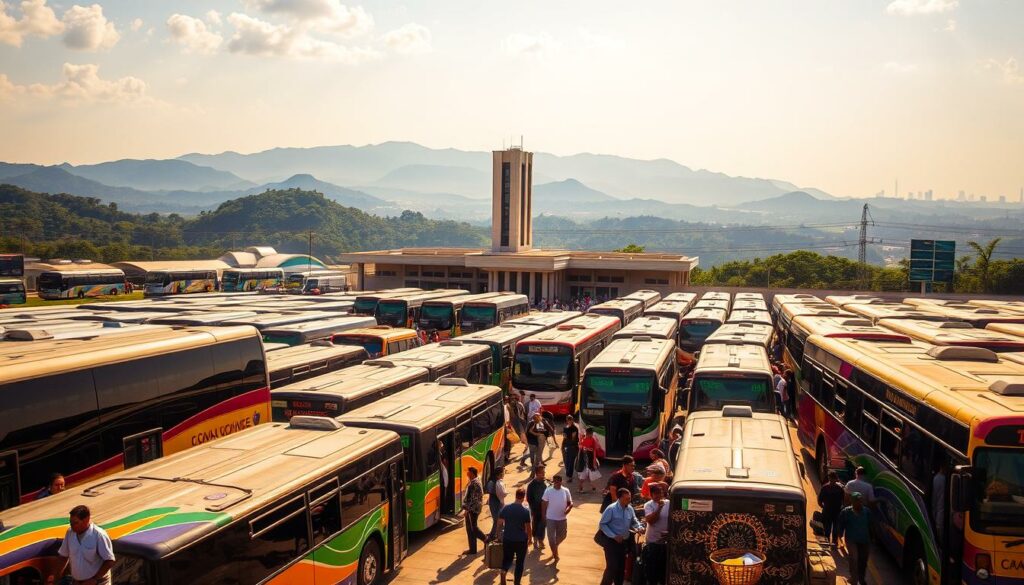 A bustling bus terminal in the heart of Brazil, sun-drenched and vibrant. In the foreground, a lineup of colorful inter-city buses, each with its distinctive class and livery - from the streamlined express coaches to the local workhorses adorned with intricate patterns. Passengers board and disembark, carrying luggage and baskets of goods, immersed in the lively rhythms of this transportation hub. In the middle ground, the terminal building stands tall, its architecture a blend of modernist and traditional styles. The background is a panorama of lush, undulating hills and the distant skyline of a Brazilian city, hazy under the warm, golden light. An authentic, immersive scene that captures the essence of Brazil's diverse bus travel network.