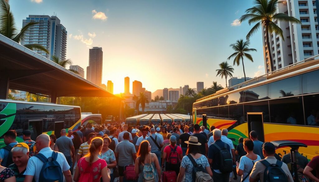 A bustling bus terminal in the heart of a vibrant Brazilian city, with passengers hurrying to board their buses. The foreground shows a crowd of people with suitcases and backpacks, while in the middle ground, rows of colorful buses await their next departure. The background features the cityscape, with tall buildings, palm trees, and a warm, golden sunset lighting up the scene. The atmosphere is one of hustle and bustle, capturing the energy and excitement of long-distance travel in Brazil.