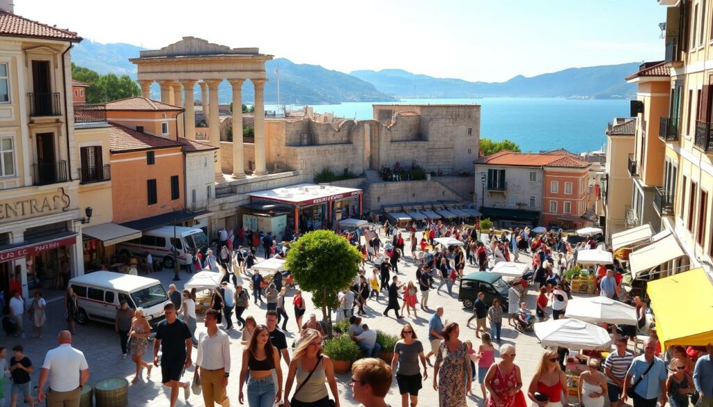 A bustling city square in Split, Croatia, bathed in warm Mediterranean sunlight. In the foreground, locals and tourists mingle, enjoying outdoor cafes and artisan markets. Towering ancient ruins, such as the Diocletian's Palace, form the middle ground, blending seamlessly with modern architecture. In the background, the sparkling Adriatic Sea and rugged coastal hills create a picturesque backdrop. Couples stroll hand-in-hand, families explore historic alleyways, and street performers entertain the lively crowd. The scene exudes a vibrant, cosmopolitan atmosphere, capturing the essence of Split's dynamic blend of history and modernity.