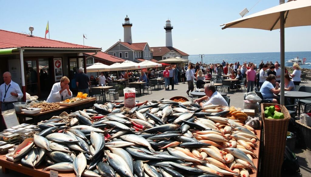 A bustling harbor scene in Swinemünde, Poland, on a sunny day. In the foreground, a variety of fresh seafood catches are displayed on a wooden market stall, with local fishermen and chefs haggling over the best selections. The middle ground features a picturesque promenade lined with charming cafes and restaurants, their outdoor seating areas filled with people savoring local delicacies and sipping regional beers and wines. In the background, the Baltic Sea glistens, and the iconic tower of the Świnoujście Lighthouse stands tall, guiding ships into the harbor. The atmosphere is vibrant, the aromas tantalizing, and the mood is one of relaxation and culinary exploration.