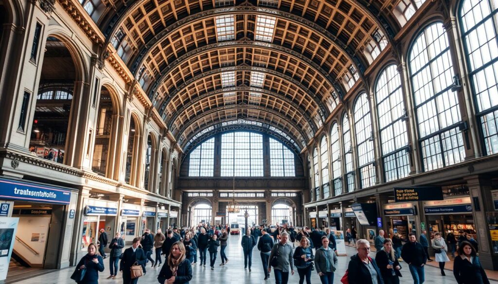 A bustling interior of the Hamburg Hauptbahnhof, the central train station in the heart of the city. The cavernous hall is illuminated by natural light filtering through the high glass windows, casting a warm glow on the marble floors and ornate architectural details. Travelers hurry through the concourse, navigating between platforms, ticket offices, and shops. The scene captures the dynamic energy and practical convenience of this important transportation hub, providing a visually engaging snapshot of the essential travel information and tips a visitor might need.
