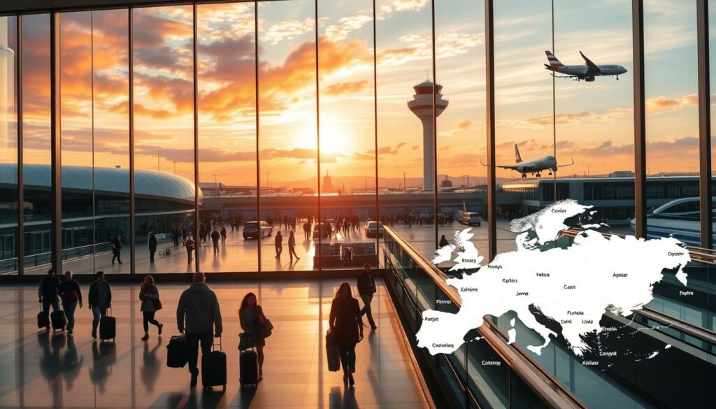 A bustling international airport, its sleek modern terminals and control tower silhouetted against a vibrant sky. Passengers hurry across the concourse, suitcases in hand, as aircraft take off and land with graceful precision. Sunlight streams through vast glass windows, casting a warm glow over the scene. In the foreground, the airport's name and a stylized map highlight the various destinations reachable via direct flights from this Austrian hub. The image conveys a sense of efficiency, connectivity, and the excitement of global travel, reflecting the article's focus on convenient and cost-effective flights departing from Austrian airports.