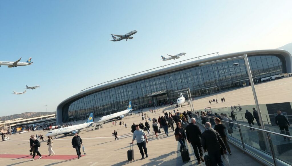 A bustling international airport nestled in the heart of Split, Croatia, with a sleek, modern terminal building gleaming under the warm Mediterranean sun. The facade features a striking blend of glass and steel, reflecting the city's unique architectural heritage. The tarmac is alive with the graceful movements of airplanes taking off and landing, their engines roaring with power. Passengers hurry through the airy, well-appointed concourses, their luggage in tow, eager to explore the historic city beyond. The atmosphere is one of efficiency and anticipation, a gateway to the wonders of Split and the stunning Dalmatian coast beyond.