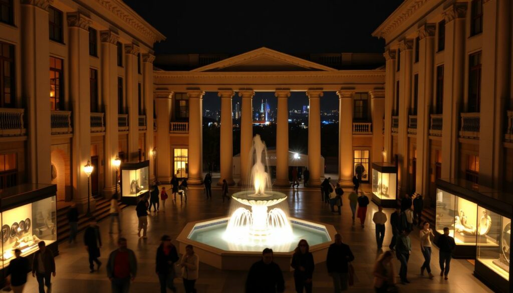 A bustling museum courtyard at night, bathed in warm, ambient lighting. The architecture features a striking neo-classical facade, with ornate columns and windows reflecting the soft glow. In the foreground, people stroll casually, pausing to admire the artwork on display in the illuminated display cases. The middle ground showcases a central fountain, its cascading waters adding a soothing, melodic element to the scene. In the background, the city skyline is visible, hinting at the vibrant cultural landscape beyond the museum's walls. The overall atmosphere evokes a sense of tranquil elegance, inviting visitors to explore the museum's treasures long after the workday has ended.
