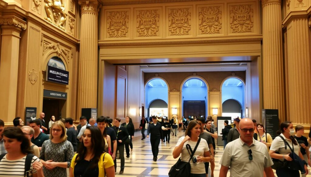 A bustling museum entrance, the grand facade adorned with intricate carvings and towering columns. In the foreground, visitors navigate the ticketing area, their expressions a mix of excitement and anticipation. The middle ground showcases a well-lit, organized lobby, with informative signage and a friendly staff guiding guests. In the background, the museum's expansive galleries beckon, their interiors visible through arched doorways, hinting at the treasures within. Soft, warm lighting creates a welcoming ambiance, while the overall scene conveys a sense of cultural immersion and the promise of a enriching museum experience.