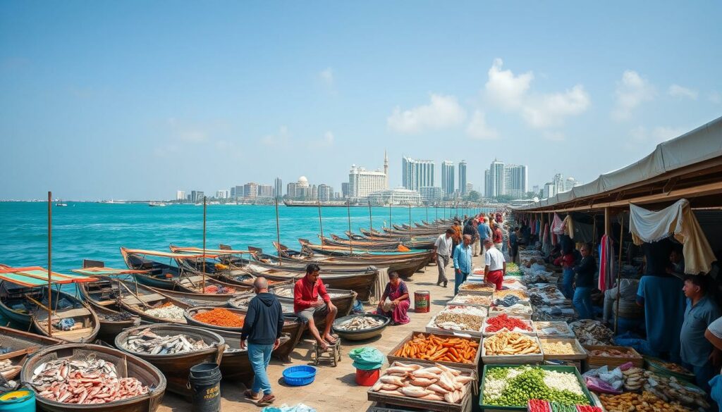 A bustling open-air fish market in the heart of Malé, the vibrant capital of the Maldives. Rows of fresh seafood display stalls under the warm tropical sun, with fishermen haggling and shoppers browsing the colorful selection. Nearby, traditional wooden boats called dhonis line the harbor, their weathered hulls reflecting in the calm turquoise waters. In the background, the iconic architecture of Malé's skyline rises, a blend of modern high-rises and historic mosques. The lively atmosphere and pungent aromas of the Fischmarkt Malé draw in locals and visitors alike, offering a glimpse into the daily life and culture of this island nation.