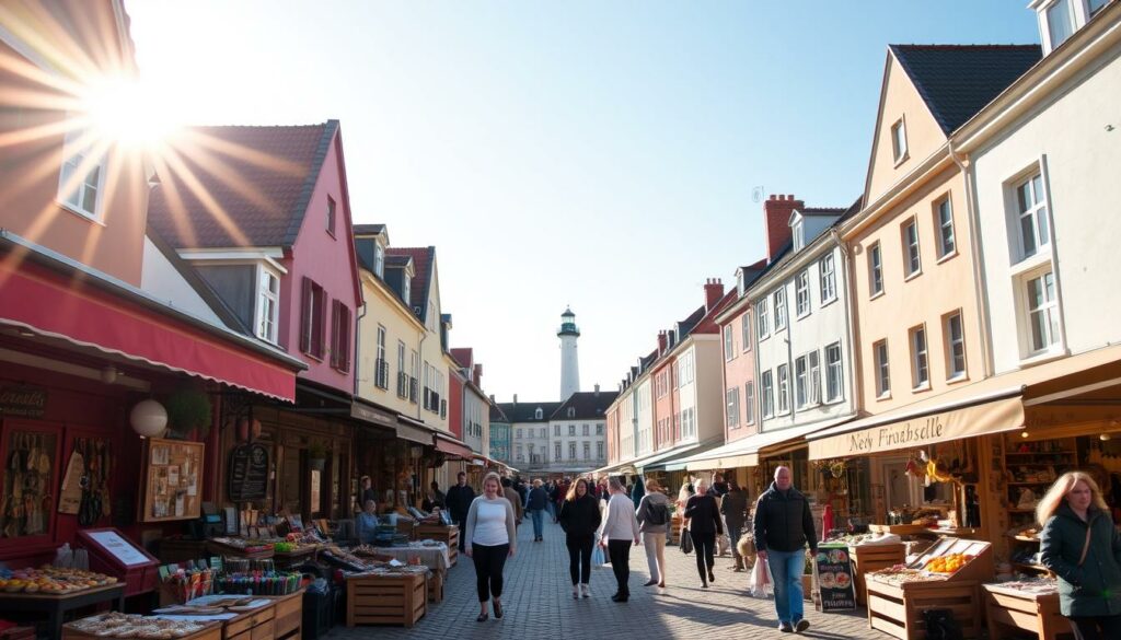 A bustling outdoor marketplace on the charming island of Norderney, with locals and tourists browsing an array of quaint shops and stalls. The sun casts a warm, golden glow over the scene, highlighting the pastel-colored buildings that line the cobbled streets. In the foreground, a variety of handcrafted goods and local produce spill out from the stalls, inviting visitors to explore and discover unique island treasures. A group of shoppers wander leisurely, taking in the lively atmosphere and soaking up the seaside ambiance. The middle ground features a mix of traditional and modern architecture, blending seamlessly to create a timeless, picturesque setting. In the distance, the silhouette of the island's iconic lighthouse stands tall, a symbolic landmark guiding visitors through this charming shopping experience.