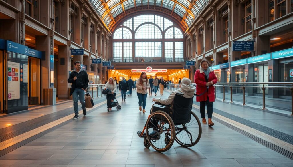 A bustling scene at the Frankfurt Central Station, showcasing its accessible features. In the foreground, a person in a wheelchair effortlessly navigates through the wide, level entryways, assisted by tactile paving and guiding lights. In the middle ground, a family with a stroller moves seamlessly through the spacious concourse, while a visually impaired individual is guided by a service dog and audio cues. The background depicts the station's grand architecture, bathed in warm, natural lighting that casts a welcoming ambiance. Inclusive signage, ramps, and elevators are visible, ensuring a seamless experience for all travelers. The overall atmosphere conveys a sense of equal access and care for the diverse needs of the station's users.