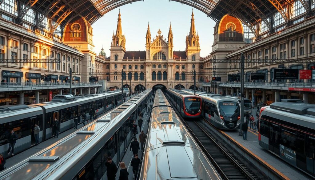 A bustling scene at the Munich Hauptbahnhof (main train station), showcasing the vibrant public transportation network. In the foreground, commuters hurry along the platforms, boarding and disembarking from gleaming trains. The middle ground features a diverse array of transit options - sleek trams, efficient buses, and the iconic U-Bahn (subway) system. The background is dominated by the grand, neo-Renaissance architecture of the station, with its towering spires and intricate facades bathed in warm, golden light. Pedestrians navigate the bustling concourse, adding to the dynamic energy of this vital transportation hub. Capture the efficient connectivity and urban vibrancy that defines the Hauptbahnhof's role as a key gateway to the city of Munich.