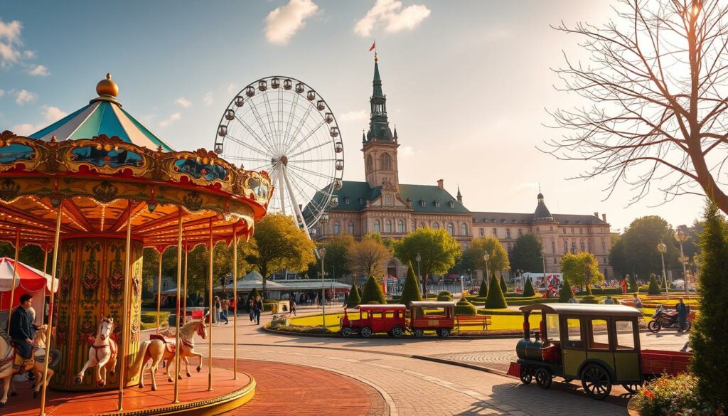 A bustling town square in Stettin, Poland, filled with family-friendly attractions. In the foreground, a vibrant carousel spins, its colorful horses and twinkling lights captivating children's imaginations. Nearby, a towering Ferris wheel offers panoramic views of the historic city skyline. In the middle ground, a charming miniature train chugs along, delighting young passengers as they explore the beautifully landscaped gardens. In the background, the iconic Pomeranian Dukes' Castle stands tall, its grand architecture and lush, verdant parks beckoning families to discover the region's rich cultural heritage. Warm, golden sunlight filters through, casting a cozy, inviting glow over the entire scene, creating an atmosphere of joyful, family-friendly adventure.