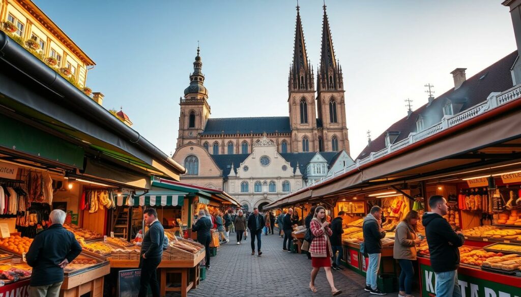 A bustling traditional Polish market square in Stettin, the regional capital of Pomerania, in the early afternoon light. Colorful stalls brimming with locally-sourced produce, freshly baked breads, cured meats, and artisanal cheeses. The aroma of sizzling pierogies and savory bigos stew wafts through the air. Locals and visitors alike browse the wares, chatting with friendly vendors. In the background, the spires of historic St. James' Cathedral rise above the lively scene, casting long shadows across the cobblestones. A quintessential glimpse of Stettin's vibrant Polish culinary culture and heritage.