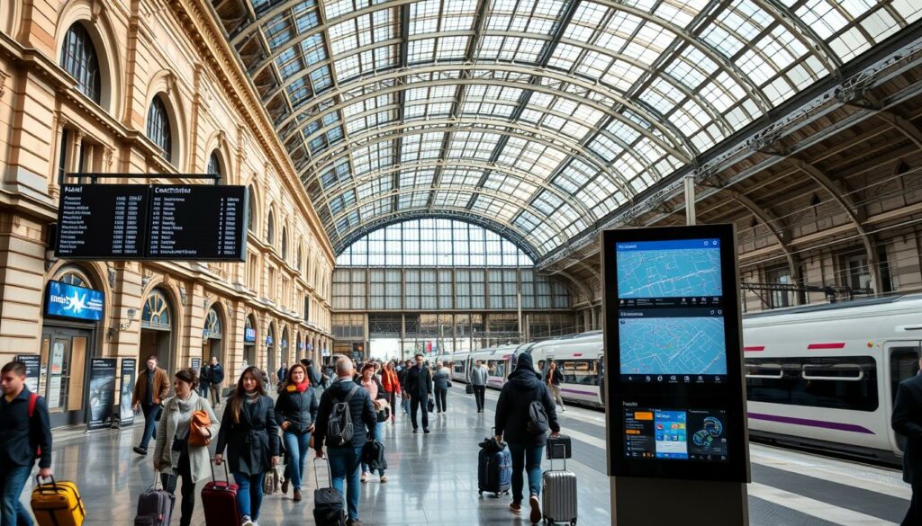 A bustling train station in Basel, Switzerland, with a grand, historic facade and modern glass-enclosed concourse. Travelers hurry through the light-filled space, suitcases in hand, as they plan their journeys. Overhead, electronic departure boards display destinations, while streamlined high-speed trains wait on the platforms, ready to whisk passengers away. In the foreground, a digital kiosk offers interactive maps and schedules, assisting with the logistics of trip planning. The scene conveys a sense of efficiency and possibility, inviting the viewer to envision their own exciting travel adventures starting from this central transportation hub.