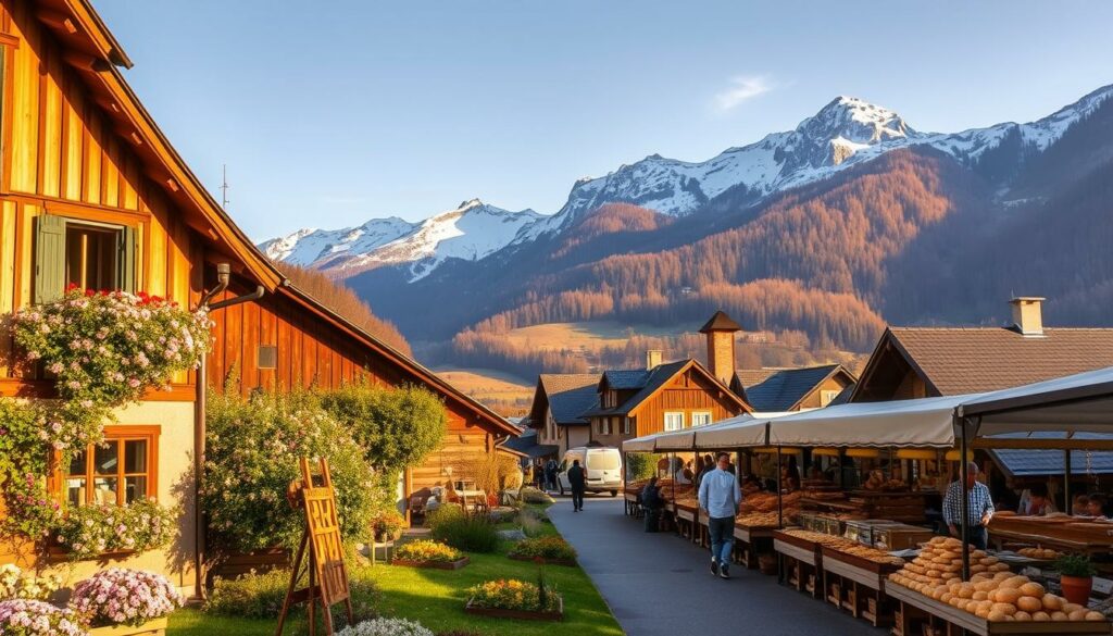 A charming alpine village nestled in the rolling hills of the Appenzell region, bathed in warm, golden light. In the foreground, a rustic farmhouse with traditional wooden architecture and a lush, blooming flower garden. In the middle ground, a bustling farmers' market showcasing an array of artisanal cheeses, freshly baked breads, and vibrant produce. In the background, the majestic peaks of the Alpstein range, capped with snow and casting long shadows across the landscape. The scene conveys a sense of cozy, pastoral tranquility, inviting the viewer to immerse themselves in the rich culinary and cultural heritage of this enchanting Swiss region.