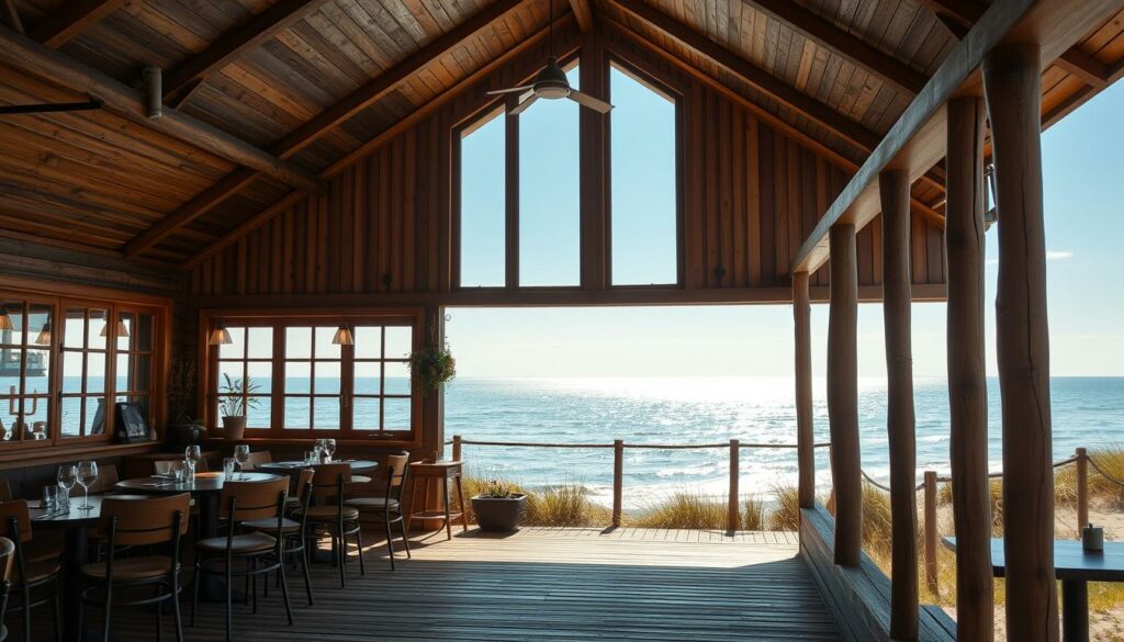 A charming waterfront Pfahlbauten restaurant with a breathtaking view of the sea. The wooden stilt-supported structure stands tall against a backdrop of the glistening North Sea, surrounded by lush grassy dunes. Warm sunlight filters through the large windows, casting a cozy glow over the scenic interior. Stylish rustic decor complements the nautical atmosphere, inviting guests to savor local delicacies while immersed in the serene coastal ambiance. A picturesque scene that encapsulates the culinary highlights and traditional architecture that define the unique charm of St. Peter-Ording.