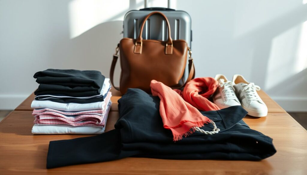 A chic and efficient travel wardrobe arranged on a minimalist wooden table. In the foreground, a stack of neatly folded shirts, trousers, and a classic black blazer. The middle ground showcases a stylish leather satchel, a pair of comfortable yet fashionable sneakers, and a lightweight scarf in a vibrant hue. In the background, a suitcase with clean, modern lines stands ready for the journey ahead. The lighting is soft and natural, casting gentle shadows that accentuate the textures and colors of the clothing and accessories. The overall mood is one of effortless sophistication, reflecting the ideal packing list for a city getaway.