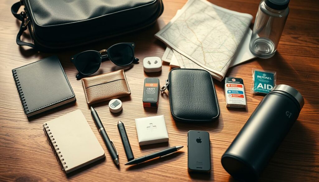 A collection of assorted items for a city trip, artfully arranged on a wooden surface. In the foreground, a compact travel toothbrush, a small notebook, and a sleek pen sit alongside a pair of sunglasses and a portable charger. In the middle ground, a stylish wallet, a set of earplugs, and a compact first-aid kit create a sense of organization. In the background, a folded map, a reusable water bottle, and a mini sewing kit hint at the versatility of the pack. Warm, natural lighting casts a soft glow, conveying a sense of practicality and preparedness for the urban adventure ahead.