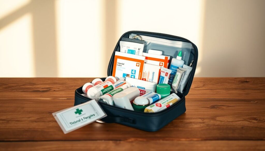 A compact and well-stocked travel medical kit resting on a wooden surface, illuminated by warm, natural lighting. The kit features a range of essential medications, bandages, and other first-aid supplies, neatly organized and easily accessible. The background showcases a clean, minimalist aesthetic, allowing the travel medical kit to take center stage as the focal point. The overall mood is one of preparedness, practicality, and a sense of travel-ready confidence.