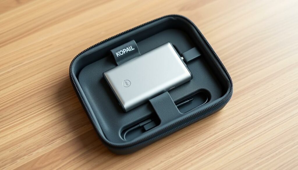 A compact, sturdy protective case for a powerbank, designed for secure air travel. Soft, padded interior cushions the device, with reinforced corners and a secure zipper closure. The exterior is made of a durable, scratch-resistant material in a muted, neutral color scheme. Subtle branding or logos are tastefully incorporated. Careful attention to size and weight to meet carry-on luggage requirements. Efficient, practical storage for charging cables and adapters within designated compartments. The case conveys a sense of professionalism and reliability, with a minimalist aesthetic that complements the powerbank's design.