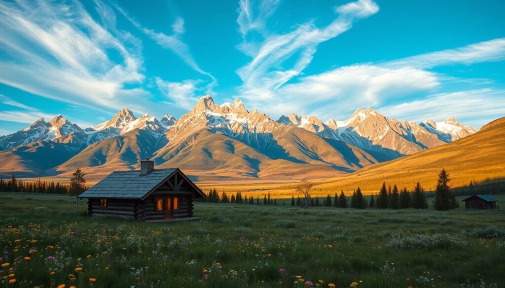 A cozy alpine landscape in the Grand Teton National Park, Wyoming. In the foreground, a rustic log cabin nestled amidst a lush meadow of wildflowers, its warm glow softly illuminating the scene. In the middle ground, majestic snow-capped peaks of the Teton Range rise majestically, casting long shadows across the valley. The sky is a vibrant azure, with wispy clouds drifting overhead, creating a serene and tranquil atmosphere. The image is captured with a wide-angle lens, emphasizing the grandeur of the natural setting and the peaceful solitude of the cabin, inviting the viewer to imagine an overnight stay in this idyllic mountain retreat.