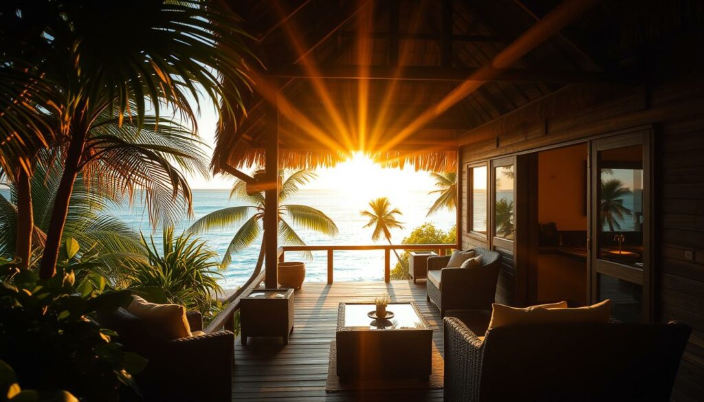A cozy beach bungalow nestled in lush tropical foliage, its thatched roof and wooden walls aglow under the warm evening sun. The bungalow's porch offers a panoramic view of the turquoise waters and swaying palms beyond. Inside, the spacious yet inviting interior features natural fibers, rattan furnishings, and soft ambient lighting, creating a serene and relaxing atmosphere. Rays of golden light filter through the windows, casting a dreamy, idyllic glow over the scene. The overall impression is one of tranquil island living, a perfect getaway from the stresses of everyday life.
