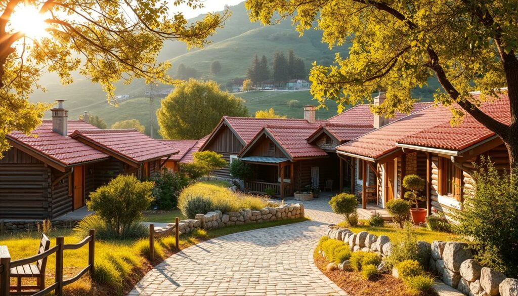 A cozy cluster of charming holiday cottages nestled in the quaint village of Hum, Croatia. The rustic wooden structures with terracotta roofs stand in harmony with the lush greenery and rolling hills that surround them. Warm sunlight filters through the trees, casting a golden glow over the serene scene. In the foreground, a cobblestone path winds between the picturesque homes, inviting visitors to explore the serene town. The image conveys a sense of tranquility and the perfect escape from the hustle and bustle of everyday life, perfectly capturing the essence of vacationing in this tiny, delightful destination.