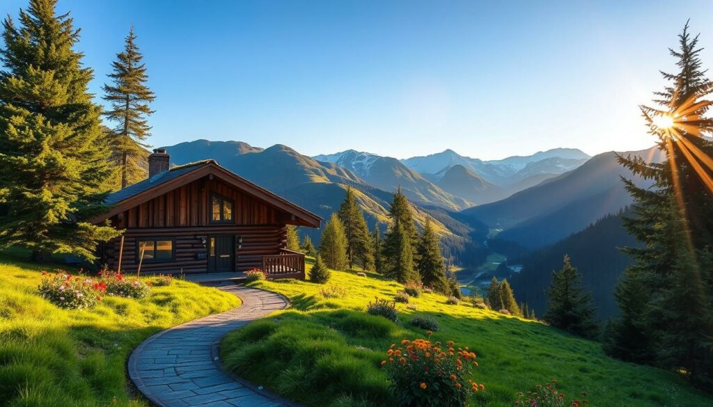 A cozy mountain chalet nestled in a lush, verdant valley, its rustic wooden facade glowing in the warm afternoon light. In the foreground, a winding path leads towards the entrance, flanked by vibrant wildflowers and tall pine trees. In the middle ground, rolling hills and rugged peaks rise up, their snow-capped summits reflecting the brilliant azure sky. The scene exudes a sense of tranquility and idyllic natural beauty, inviting the viewer to imagine a peaceful retreat amidst the breathtaking Snowdonia landscape.