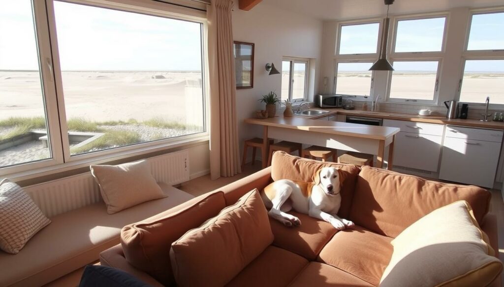 A cozy vacation rental on the tranquil island of Juist, nestled within the picturesque Wadden Sea. The warm, inviting interior features tasteful furnishings and large windows that flood the space with natural light, offering panoramic views of the vast sandy beach and rolling dunes outside. A loyal canine companion lounges contentedly on the plush sofa, happy to be sharing this serene retreat. Subtle coastal decor and earthy tones create a calming ambiance, while a fully equipped kitchen and modern amenities ensure maximum comfort and convenience for the discerning traveler.