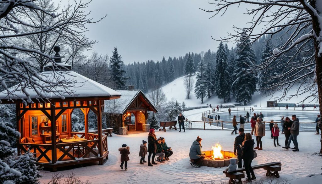A cozy winter wonderland in the heart of the Black Forest, where children's laughter echoes through the snow-dusted trees. A vintage wooden pavilion stands in the foreground, its warm glow casting a soft light on the frolicking young ones. In the middle ground, families gather around a crackling fire, sipping hot cocoa and nibbling on freshly baked gingerbread. In the distance, a gentle slope leads to a frozen lake, where ice skaters glide gracefully, their blades carving intricate patterns on the shimmering surface. Fluffy snowflakes drift down from the overcast sky, adding to the enchanting, festive atmosphere. Ambient holiday music drifts through the air, completing the picturesque scene of a quintessential Schwarzwald Kinderprogramm.