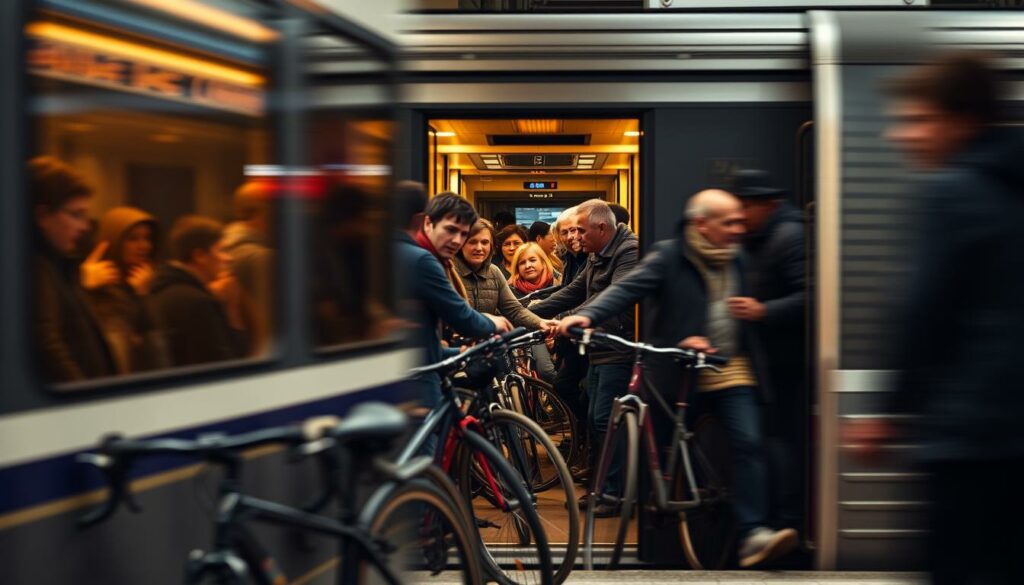 A crowded S-Bahn train in the Basel central station, passengers boarding with their bicycles. The foreground shows a group of commuters carefully maneuvering their bikes through the train's narrow doorway, their faces focused with a mix of determination and caution. The middle ground captures the interior of the carriage, with rows of seats and standing passengers holding onto the handrails. The background blurs out, suggesting the motion and momentum of the train as it prepares to depart. Warm, diffused lighting from the carriage windows creates a cozy, urban atmosphere, while the cool tones of the train's metal exterior and the platform's concrete surfaces lend a sense of industrial pragmatism to the scene.