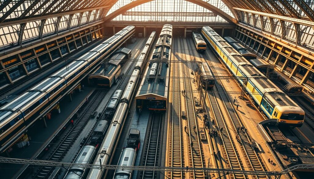 A detailed, high-resolution bird's-eye view of the Hamburger Hauptbahnhof railway station, showcasing the vast and complex network of train platforms, tracks, and infrastructure. The scene is bathed in warm, natural daylight, with a soft, diffused glow that highlights the intricate architectural details of the iconic station building. The image captures the bustling activity and organized chaos of the hub, with trains of various sizes and designs moving along the tracks, passengers navigating the platforms, and railway workers attending to their duties. The perspective provides a clear overview of the station's layout, allowing the viewer to easily orient themselves within the space and understand the flow of traffic and transportation. The mood is one of efficient functionality, with a hint of industrial grandeur and historical significance.