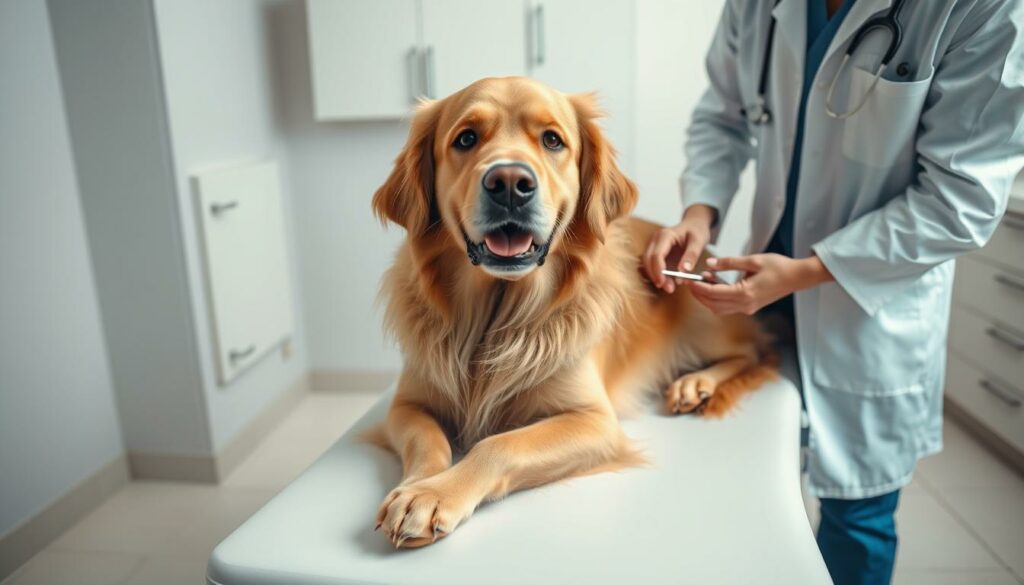 A detailed veterinary checkup of a large, fluffy golden retriever dog in a bright, sterile medical examination room. The dog is sitting calmly on an exam table, looking directly at the camera with an alert, friendly gaze. The veterinarian, dressed in a white coat, is gently examining the dog's paws, coat, and ears using various medical instruments. Soft, even lighting illuminates the scene, casting subtle shadows and highlighting the dog's warm, golden fur. The background is clean and minimal, with a tiled floor and simple medical cabinets, keeping the focus on the dog and veterinarian interaction. The overall mood is one of professionalism, care, and the trusted relationship between a pet and its doctor.