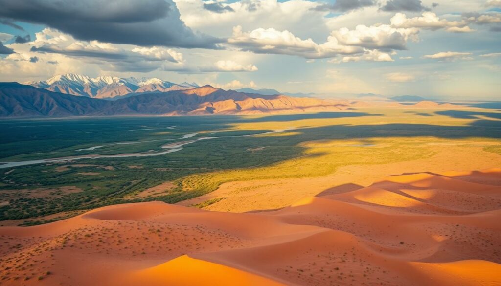 A dramatic aerial view of the diverse landscapes of Namibia and Botswana during the prime travel season. In the foreground, a vast, arid desert landscape with rolling sand dunes and sparse vegetation bathed in warm, golden sunlight. In the middle ground, lush, verdant river valleys and wetlands teeming with wildlife. In the background, rugged, snow-capped mountains pierce the horizon under a breathtaking, cloud-streaked sky. The scene conveys the beauty and grandeur of these two neighboring countries, capturing the essence of the best time to explore their natural wonders.