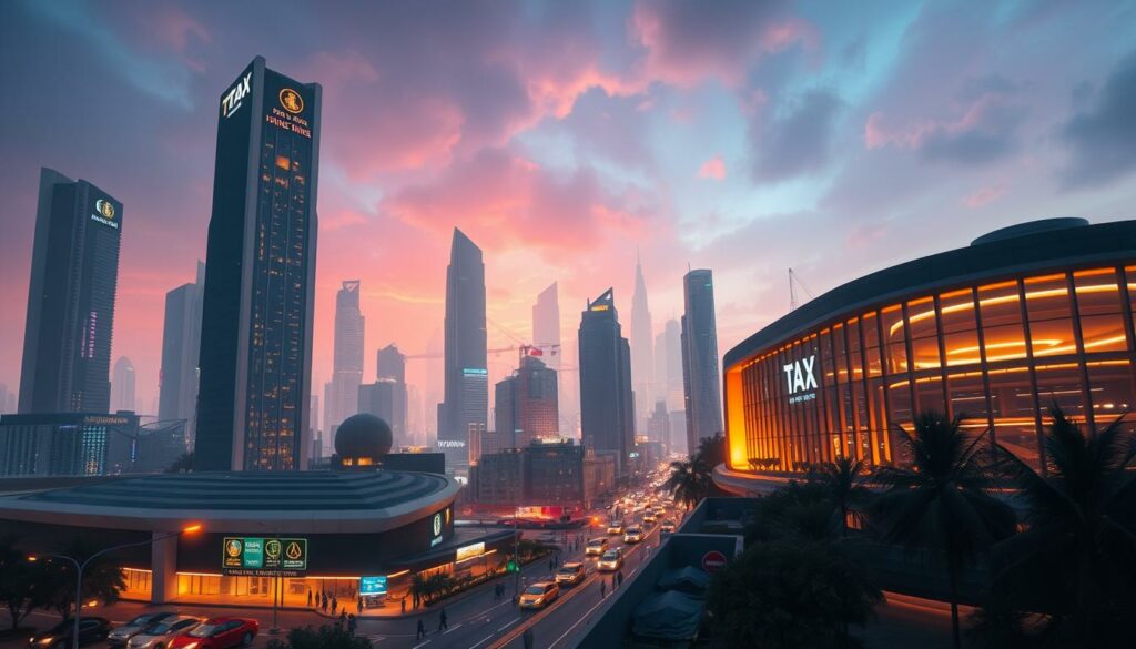 A futuristic city skyline at night, with towering skyscrapers and neon-lit streets. In the foreground, a large building with a sleek, modern design stands out, illuminated by warm lighting. The building's facade features various international symbols and icons, suggesting it is a government or tax office. The middle ground features a bustling street scene, with people hurrying about their business. The background is a hazy, dreamlike cityscape, with the sky alight with vibrant colors, creating an almost surreal atmosphere. The overall scene conveys a sense of global connectivity and the complexity of international tax systems.