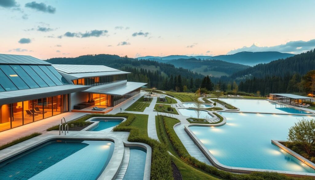 A futuristic, highly-efficient spa complex nestled in the Bavarian countryside. In the foreground, sleek, modern architecture featuring gleaming glass, steel, and solar panels. Pristine pools fed by natural thermal springs, surrounded by lush greenery. In the middle ground, elegant walkways and minimalist landscaping, highlighting the facility's commitment to sustainable design. The background frames the scene with rolling hills, dense forests, and a cloudless sky, creating a harmonious blend of technology and nature. Warm, diffused lighting casts a serene glow, conveying a sense of relaxation and well-being. The overall atmosphere is one of innovative eco-consciousness, promising a transformative wellness experience.