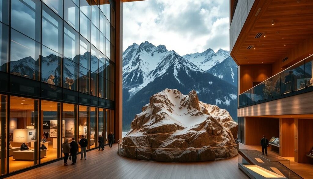 A grand Alpine museum set against a majestic mountain backdrop, the "Alpines Museum der Schweiz" stands tall, its modern glass facade reflecting the surrounding peaks. Wide panoramic windows frame the stunning alpine vistas, drawing visitors deep into the heart of Switzerland's breathtaking landscapes. Inside, the museum's warm, earthy tones and natural materials evoke a cozy, immersive atmosphere, complemented by carefully curated exhibits showcasing the region's rich history, culture, and outdoor pursuits. Dramatic lighting casts dramatic shadows, accentuating the architectural details and drawing the eye towards the museum's central display - a captivating, life-size diorama of a rugged, snow-capped mountain scene.