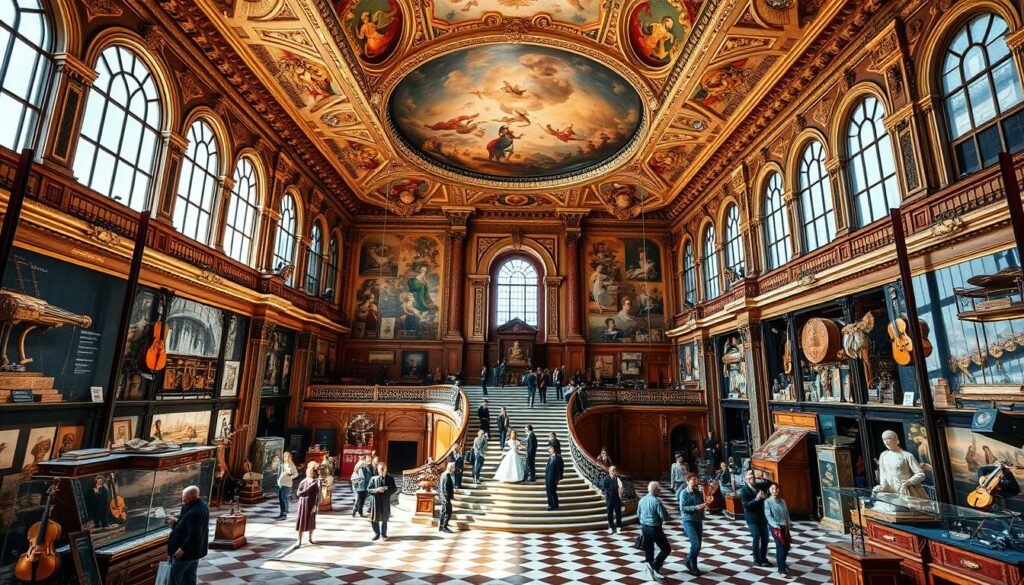 A grand and stately music and dance museum, its grand facade adorned with ornate architectural details and intricate carvings. Sunlight streams through large, arched windows, illuminating the museum's opulent interior. Visitors marvel at the impressive collection of historical instruments and vintage dance memorabilia, immersed in the rich cultural heritage of music and dance. In the central hall, a grand staircase leads up to sprawling galleries showcasing captivating exhibits, drawing the eye upwards towards a domed ceiling painted with ethereal, celestial motifs. The museum exudes an air of sophistication and reverence for the arts, inviting all who enter to experience the enduring magic of Musik and Tanz.