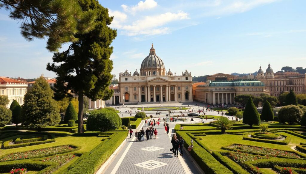 A grand, awe-inspiring architectural masterpiece surrounded by lush, manicured gardens. At the center, the iconic St. Peter's Basilica dominates the skyline, its ornate facade bathed in warm, golden sunlight. Visitors stroll along the decorative cobblestone paths, gazing up at the towering domes and soaring spires that characterize the Baroque-style Papal palaces. The serene, contemplative atmosphere is complemented by the fragrance of blooming flowers and the gentle rustling of leaves. In the distance, the winding streets of Rome beckon, hinting at the rich cultural treasures waiting to be discovered within the legendary Musei Vaticani.
