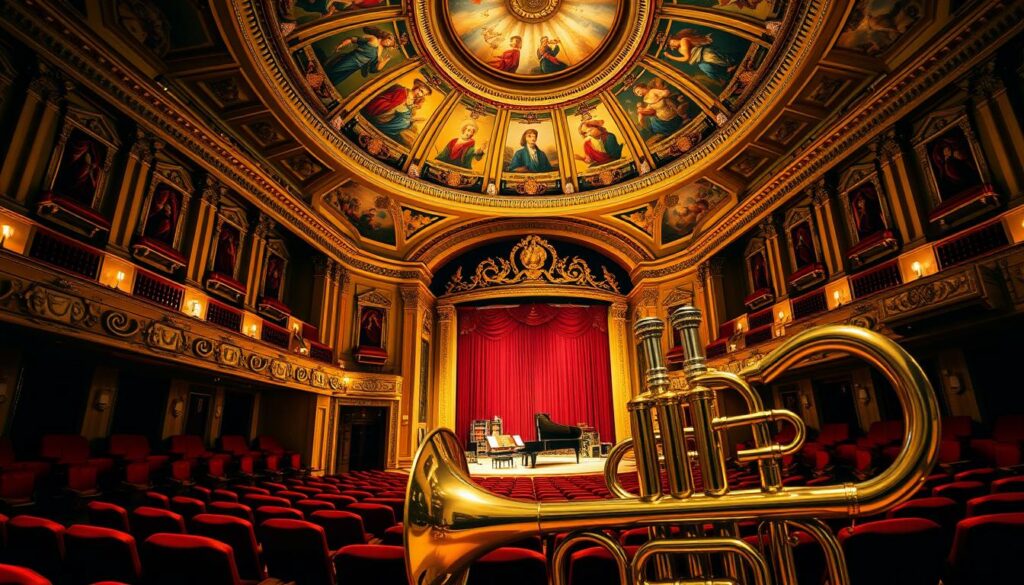 A grand concert hall, its ornate interior bathed in warm, golden light. Rows of plush, crimson-upholstered seats face a majestic stage, adorned with elegant musical instruments, sheet music, and a grand piano. Above, a domed ceiling features intricate frescoes depicting the muses of music, their expressions serene and inspiring. Ambient shadows cast a sense of timeless wonder, as if the very walls hold the echoes of centuries of musical history. In the foreground, a gleaming brass trumpet stands, a symbol of the cultural legacy that this museum celebrates, inviting visitors to immerse themselves in the captivating journey of Musikgeschichte.