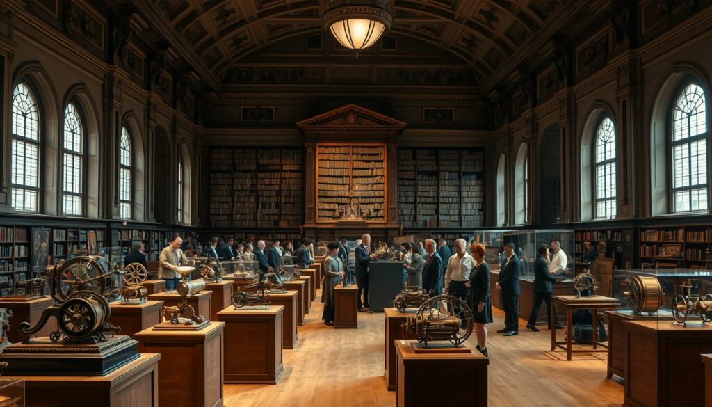 A grand exhibition hall with high ceilings and ornate architectural details. In the foreground, an array of unique mechanical devices and antique sperrmechanisms are displayed on wooden podiums, their intricate gears and mechanisms visible. Soft, warm lighting illuminates the scene, casting gentle shadows and highlighting the aged patina of the collectibles. In the middle ground, visitors in period-appropriate attire examine the exhibits with fascination. The background features towering bookshelves lining the walls, hinting at the depth and scholarly nature of this specialized collection. An atmosphere of reverence and discovery pervades the space, inviting the viewer to step inside and explore the Schell Collection's remarkable treasures.