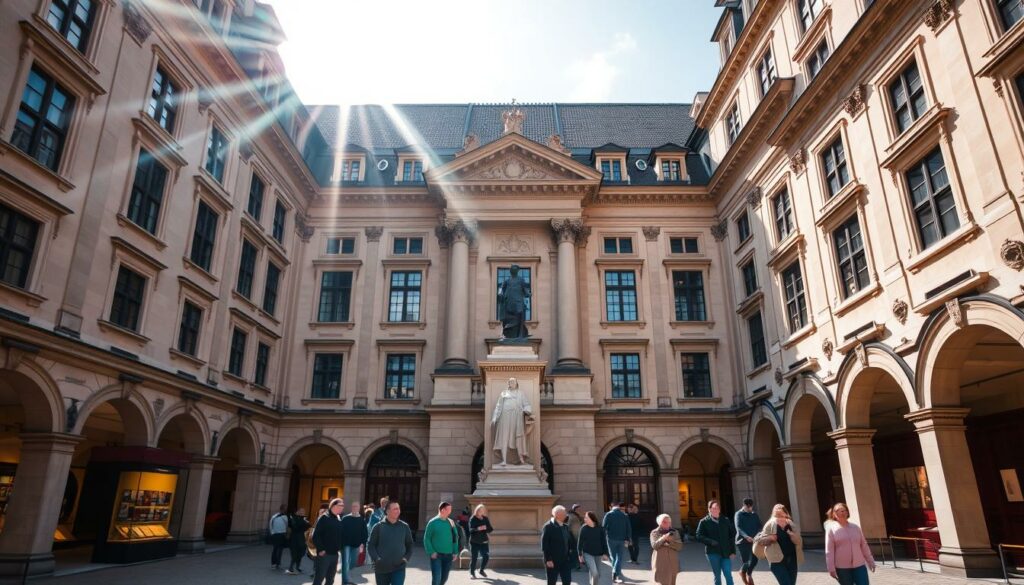 A grand, historic building with a striking baroque façade stands proudly in the heart of Leipzig. Sunlight floods the courtyard, illuminating the intricate architectural details and the imposing statue of Johann Sebastian Bach, the celebrated Thomaskantor. Visitors wander through the meticulously curated galleries, exploring the life and legendary compositions of this musical genius. The museum's interior exudes a warm, scholarly atmosphere, with carefully preserved artifacts and interactive exhibits that transport visitors back to the Baroque era. A sense of reverence and musical inspiration permeates the air, as if the very walls resonate with the timeless melodies of Bach's masterpieces.
