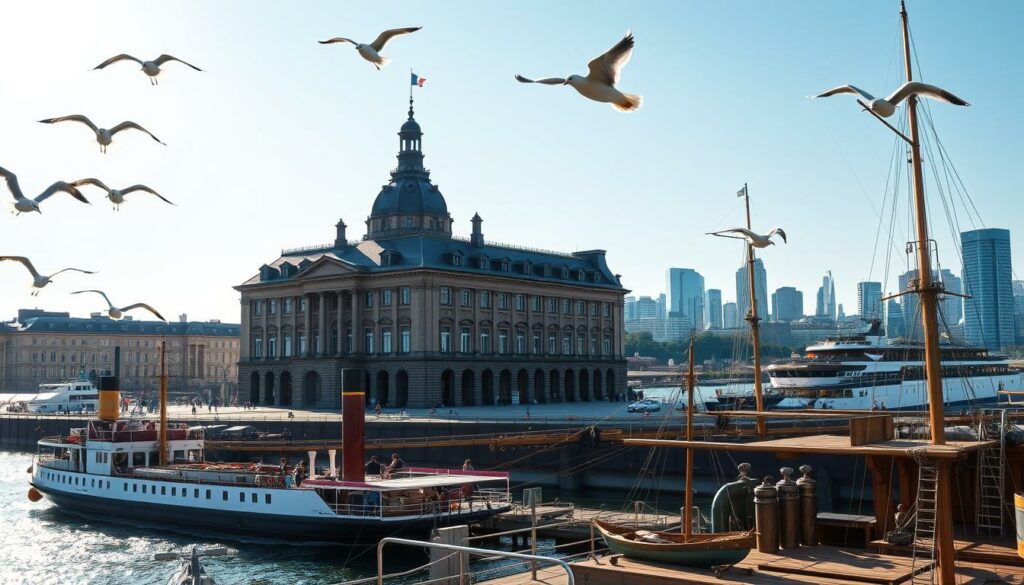 A grand, historic edifice stands proudly on the banks of the Elbe River, the iconic Deutsches Hafenmuseum. Sunlight streams through its stately windows, illuminating the intricate details of its neo-Renaissance architecture. In the foreground, a bustling maritime scene unfolds, with dock workers unloading cargo from a vintage steamship. Seagulls soar overhead, their cries echoing the rhythm of the port's activities. The middle ground reveals the museum's vast collection of maritime artifacts, from gleaming brass navigational instruments to weathered wooden ship models. In the background, the city skyline rises, a testament to Hamburg's enduring legacy as a global center of commerce and industry. This image captures the essence of the Deutsches Hafenmuseum, a celebrated institution that preserves the rich history and vibrant culture of Hamburg's maritime heritage.