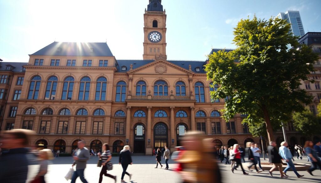 A grand, historical facade of the Historisches Museum Frankfurt comes into view, its ornate architecture and imposing presence commanding attention. Sunlight filters through arched windows, casting warm hues across the sandstone exterior. The museum's towering clock tower stands tall, a testament to the city's rich heritage. In the foreground, a plaza bustles with pedestrians, their movement captured in a blur, while in the background, the city's skyline rises, blending modern and classical elements. The scene evokes a sense of timelessness, inviting the viewer to step into the museum and explore the captivating history of Frankfurt.