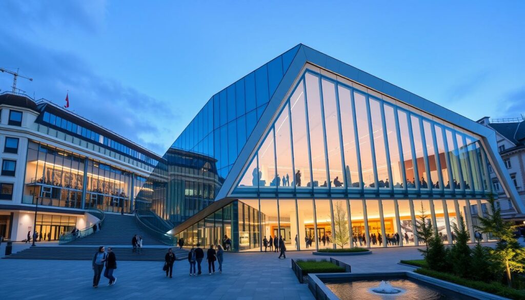 A grand, modern science center situated in the heart of Innsbruck, Austria. The Audioversum's sleek, angular facade made of glass and steel, reflecting the city's architecture. Visitors enter through a spacious atrium, greeted by interactive science exhibits and immersive multimedia displays that engage all the senses. In the main exhibition hall, towering ceilings and bright, natural lighting create an airy, inviting atmosphere. Visitors explore hands-on demonstrations of physics, acoustics, and technology, captivated by the center's blend of education and entertainment. Stepping outside, a peaceful plaza with water features and lush greenery offers a tranquil contrast, inviting guests to relax and contemplate the wonders of science.