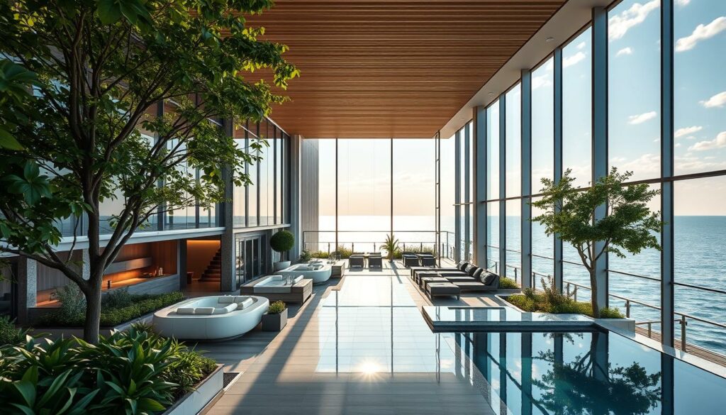 A grand, modern wellness hotel nestled along the picturesque Polish coast, its sleek, contemporary facade reflecting the tranquil Baltic waters. Lush, verdant gardens surround the hotel, providing a serene oasis for guests to unwind. Sunlight streams through floor-to-ceiling windows, illuminating the elegant lobby with its minimalist decor and soothing color palette. The hotel's state-of-the-art spa offers a range of rejuvenating treatments, while the on-site restaurant serves up delectable Polish cuisine in a cozy, intimate setting. Panoramic views of the coastline can be enjoyed from the hotel's rooftop terrace, creating a truly idyllic retreat for visitors seeking a luxurious and wellness-focused holiday.