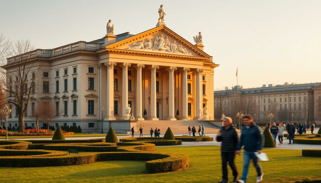 A grand neoclassical building stands tall, its ornate facade and sculptures bathed in warm, golden light. The Grassi-Museum's distinctive triangular pediment and columns create a sense of grandeur, inviting visitors to explore the rich history and craftsmanship within. The foreground features a well-manicured garden, with carefully pruned hedges and scattered benches, setting the stage for a serene and contemplative experience. In the middle ground, pedestrians stroll along the museum's perimeter, their forms blurred to emphasize the focus on the architectural beauty. The background is a softly lit cityscape, hinting at the vibrant cultural offerings of Leipzig. The overall atmosphere conveys a sense of timelessness, where the art and design of the past are celebrated and preserved for future generations.