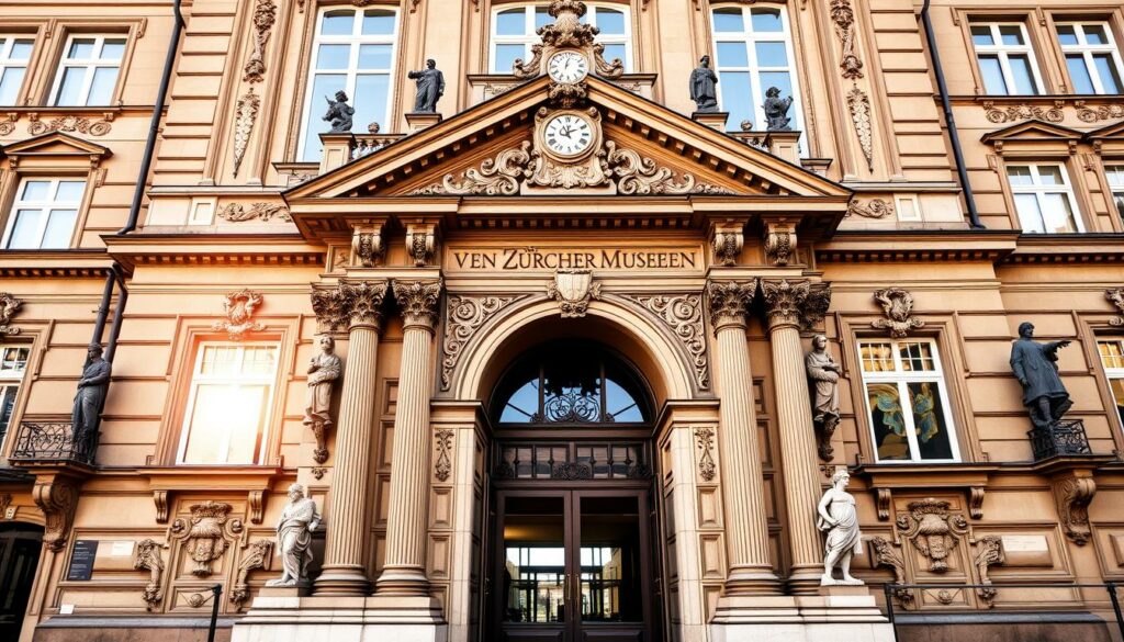 A grand, ornate façade of the Verein Zürcher Museen, the association that oversees the cultural institutions of Zurich, Switzerland. The building stands tall and proud, its intricate architecture and ornamental details capturing the essence of the city's rich artistic heritage. Sunlight streams through the large windows, casting a warm, inviting glow upon the entrance. Intricate statues and sculptures adorn the exterior, hinting at the wealth of cultural treasures that await within. The scene evokes a sense of intellectual curiosity and cultural appreciation, inviting viewers to explore the diverse offerings of Zurich's thriving museum scene.