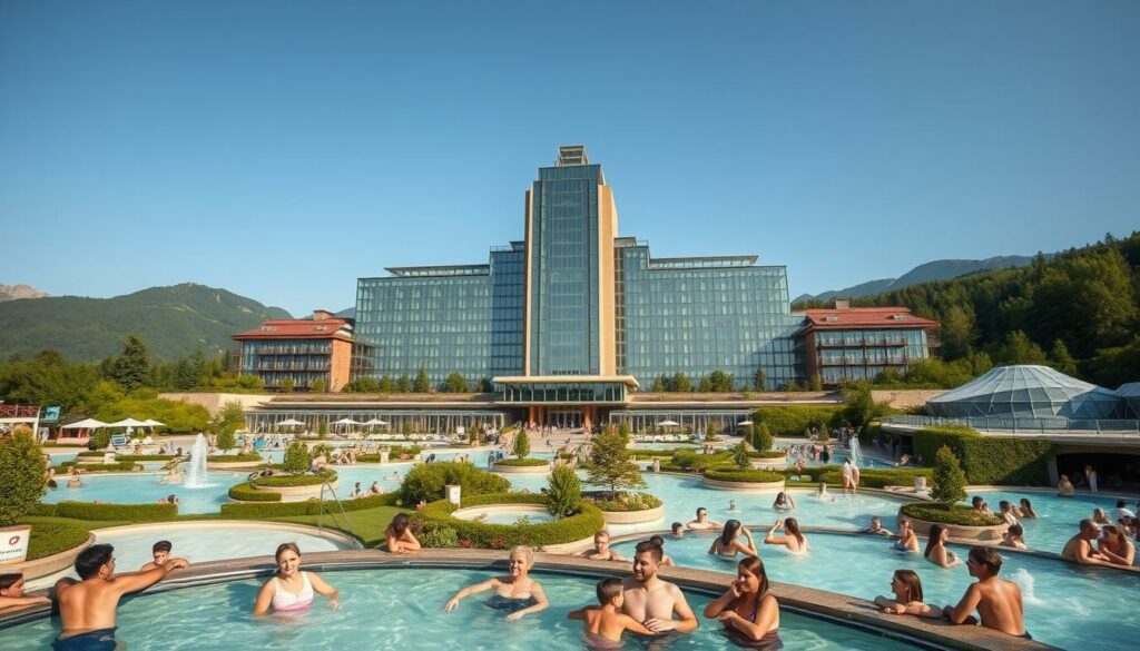 A grand, sprawling thermal resort set against the backdrop of the Bavarian Alps. The massive, modern architecture of the Therme Erding rises up, its glass-and-steel façade glimmering in the warm afternoon sunlight. Lush greenery and water features surround the complex, creating a serene, natural atmosphere. In the foreground, families and groups of friends can be seen relaxing in the various pools and spas, their expressions of pure contentment. The scene conveys a sense of luxury, tranquility, and the pinnacle of leisure and relaxation - the world's largest thermal spa complex in all its glory.