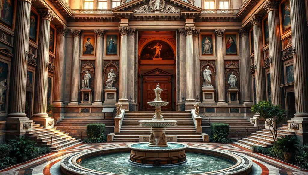 A grandiose, classical building with a symmetrical facade featuring ornate columns, pediments, and statues. The entrance is framed by a grand staircase leading up to massive wooden doors. The interior is illuminated by natural light streaming through large windows, casting warm hues on the ornate marble floors and walls adorned with intricate frescoes and sculptures. In the foreground, a central courtyard features a grand fountain with cascading water and surrounded by lush greenery. The overall atmosphere conveys a sense of timeless elegance and the rich cultural heritage of ancient Rome.