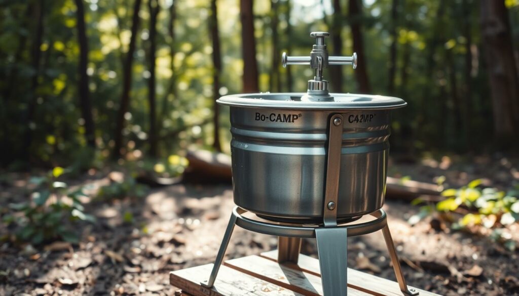 A hand-cranked washing machine standing in a rustic, woodland setting. In the foreground, the sturdy metal frame and drum of the "Bo-Camp" model, its polished chrome crank inviting use. Behind it, a backdrop of lush foliage and sunlight filtering through the trees, creating a warm, natural ambiance. The machine is positioned on a modest wooden platform, hinting at its portability for off-grid adventures. Subtle details like water droplets on the surface suggest its recent use, reinforcing its practical function. The overall scene conveys a sense of self-reliance and outdoor living, perfectly suited to illustrate a section on manual washing machines for travel.
