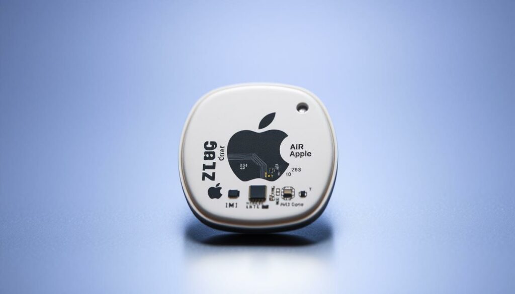 A high-precision macro shot of an Apple AirTag, showcasing its intricate internal components and technology. The AirTag is centered in the frame, with a crisp, well-lit close-up view revealing the tiny circuit board, battery, and other embedded sensors. The background is a soft, blurred gradient, allowing the AirTag's details to stand out prominently. The lighting is directional, creating subtle shadows that enhance the depth and texture of the elements. The overall mood is one of technical precision and attention to detail, reflecting the sophisticated engineering behind this small, powerful tracking device.